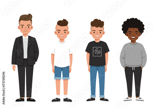 Diverse Group of Young Men in Casual and Formal Attire Standing Together.