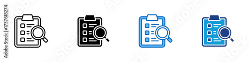 Task Review Multiple Style Icon Design Vector - Checklist clipboard with magnifying glass, symbolizing review, audit, or analysis