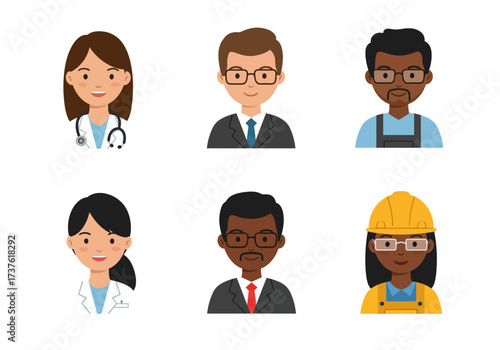 Diverse Professionals Cartoon Portraits of Doctor Businessman and Construction Worker.