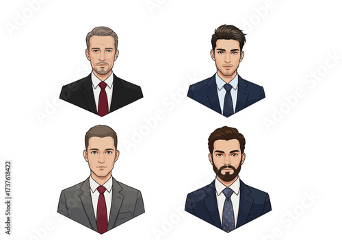 Four Businessmen Portraits Diverse Styles Suits and Facial Hair Variations.