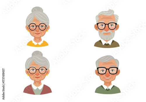 Four Cartoon Portraits of Elderly People with Glasses and Gray Hair.