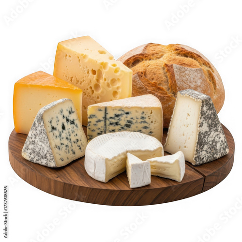 Assortment of artisanal cheeses including brie, blue cheese, swiss, and cheddar, served with crusty bread on a wooden board, isolated on transparent background