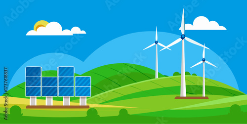 Renewable energy landscape with solar panels and wind turbines on green hills under a sunny blue sky