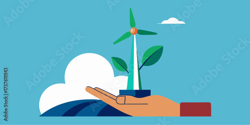 Hand holding a wind turbine with leaves symbolizing green energy, sustainability and environmental care