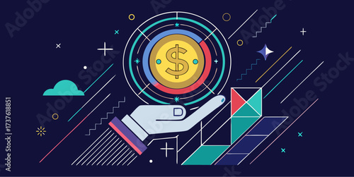 Hand holding a golden dollar coin with abstract shapes and financial growth elements on a dark futuristic background