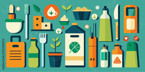 Eco-friendly household products and utensils with natural ingredients, sustainable packaging and green living symbols