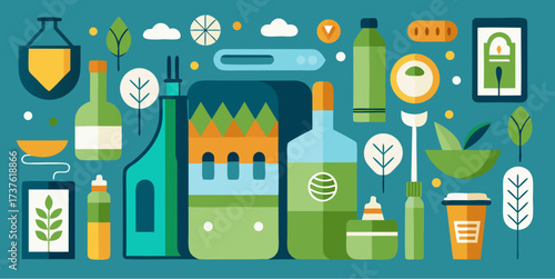 Eco-friendly packaging and sustainable products with green leaves, bottles and reusable containers in flat design