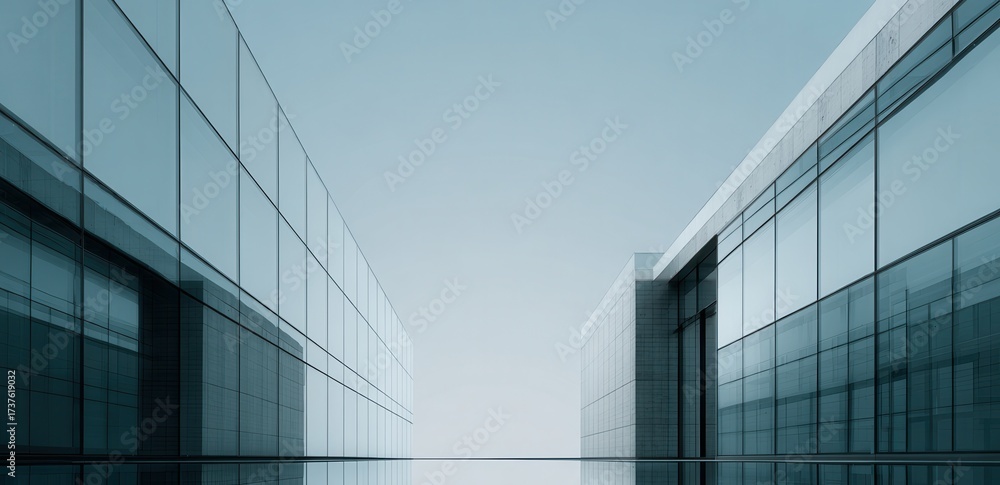 Obraz premium Modern glass buildings with reflective ground forming architectural pathway.