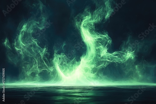Eerie, luminous green smoke rising from dark, reflective water