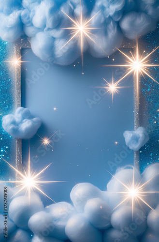 A dreamy blue frame bordered by fluffy clouds and sparkling star lights. Vertical template for baby shower or celestial night themes with copy space