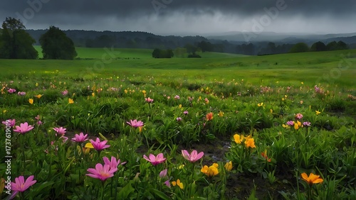 Vibrant green meadow in soft spring rainfall