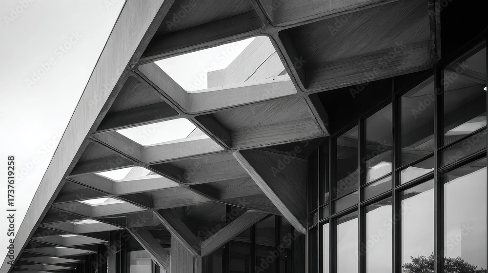 Fototapeta premium Detailed view of a modern brutalist building with geometric concrete design.