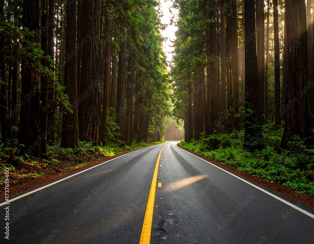 Naklejka premium Serene Forest Road Through Tall Trees.