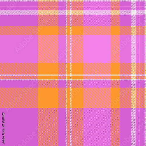 Vibrant plaid pattern with pinks, oranges, and whites. A cheerful and stylish textile design. Perfect for backgrounds, apparel, or festive designs.