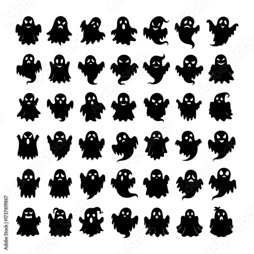 Collection of 40 diverse cartoonish black ghost silhouettes for spooky designs and halloween fun vector