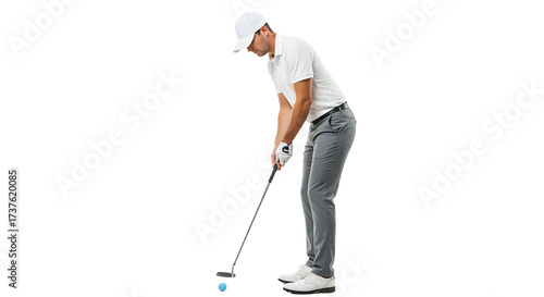 Man wearing white cap and white polo shirt preparing to putt on golf course, isolated on white, perfect for sports and outdoor themes