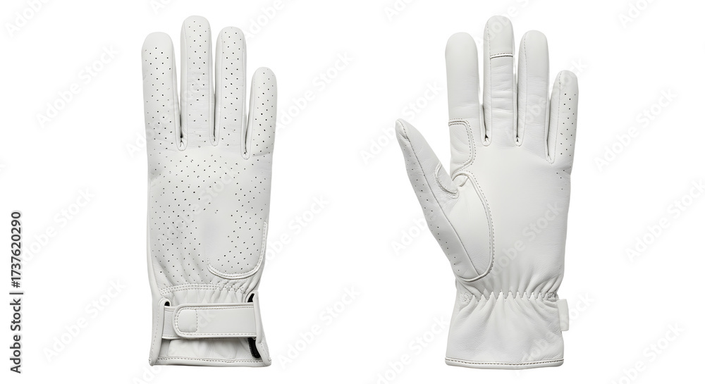 Obraz premium Pair of white leather golf gloves isolated on white background, perfect for golf players and outdoor sports enthusiasts