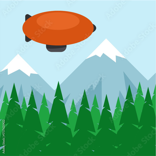 Airship Over Snowy Mountain Forest