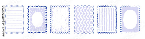 Frame stamp. Border hand drawn for coastal birthday, wedding menu. Sea line postcard frame. Vintage boarder and coastal scallop ornament. Cute abstract beach design bg. Rough ribbon sticker invitation