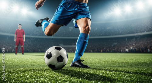 Soccer player kicking ball during night match