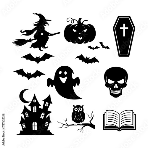 Diverse black silhouette halloween icons and symbols collection for spooky celebrations vector