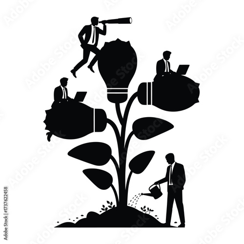 Business people cultivating a growing light bulb plant for ideas and innovation