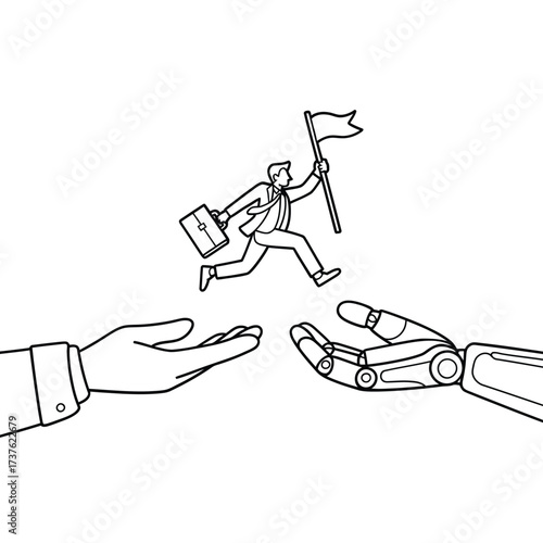 Human and robot hands reaching for a businessman running with a flag
