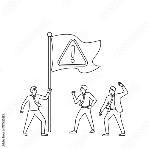 Businessmen raising a flag with a warning sign and exclamation mark