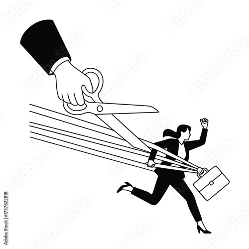 Businesswoman running away from giant scissors cutting her ties