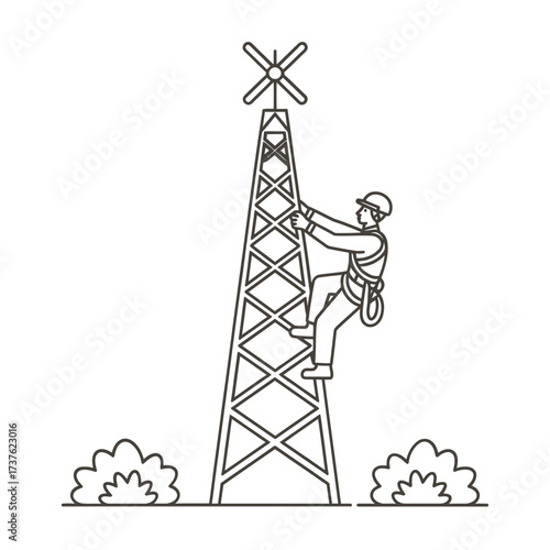 Worker climbs tall communication tower with safety harness
