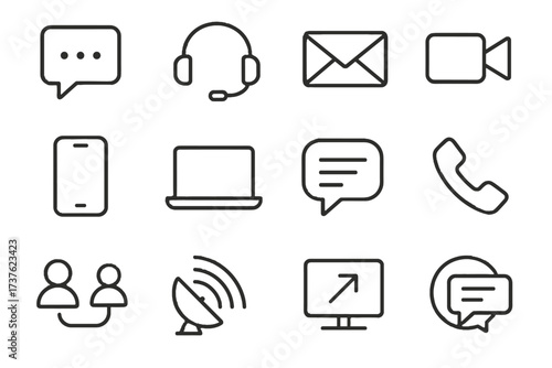 Speech communication icon connected screen headset vector shared bubble satellite symbol set