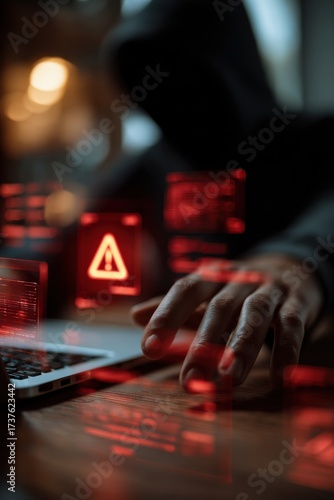Wallpaper Mural Person using laptop with warning symbols in dark room during evening hours Torontodigital.ca