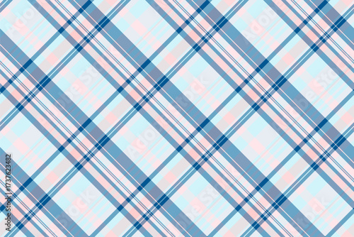 Pastel plaid pattern. Fabric design in blue, pink, and white. Seamless, decorative textile background. For fashion, interiors,  creative projects. Versatile