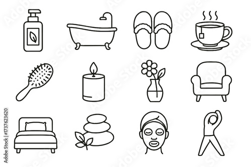 Figure self tub icons comfy warm bed care brush vector face vase