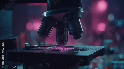 Microscope examining a sample in a medical laboratory environment
