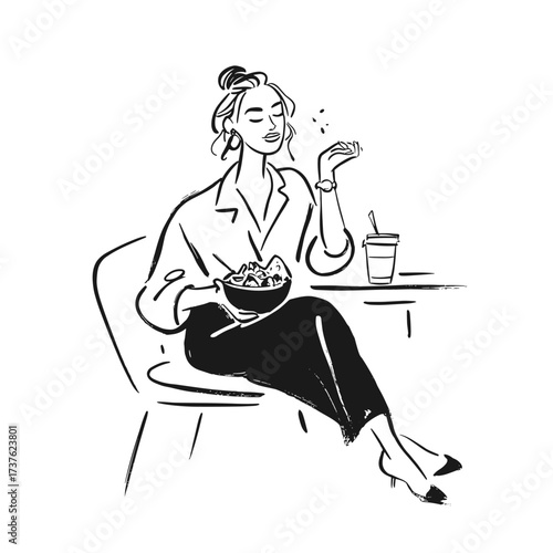 Vector hand-drawn illustration of of a woman eating breakfast with a coffee