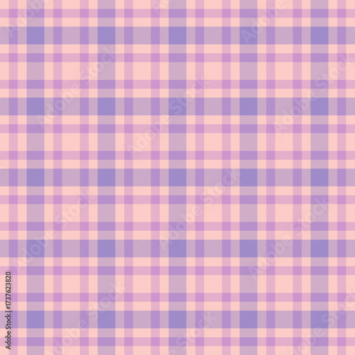 Checkered seamless fabric textile, bed tartan texture background. Robe check pattern plaid vector in light and purple colors.