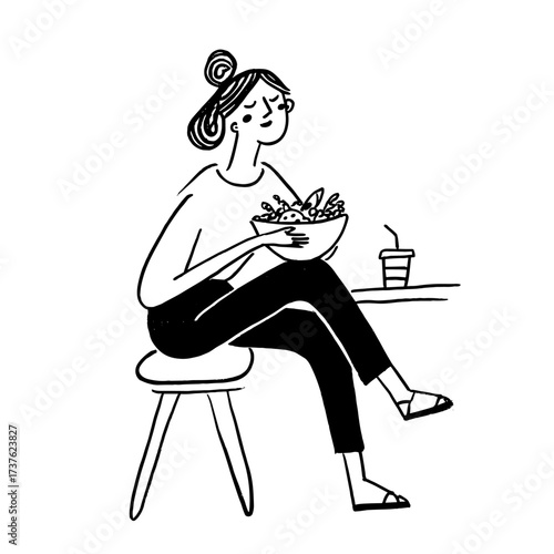 Vector hand-drawn illustration of of a woman eating breakfast with a coffee
