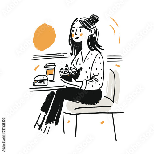 Vector hand-drawn illustration of of a woman eating breakfast with a coffee