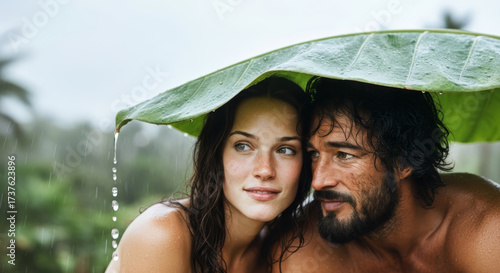 Adam and Eve find shelter from the rain under a large leaf. A biblical scene of intimacy, innocence, and shared peace in the Garden of Eden.