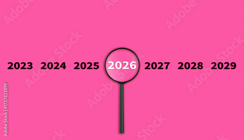 Lens, magnifying glass focusing on the year 2026 on a Pink background. Financial or stock market strategies and past and future events.