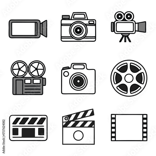 Photography and videography icons camera film reel clapperboard projector and camcorder symbols 