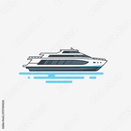 Illustration of a white and gray yacht on blue water.
