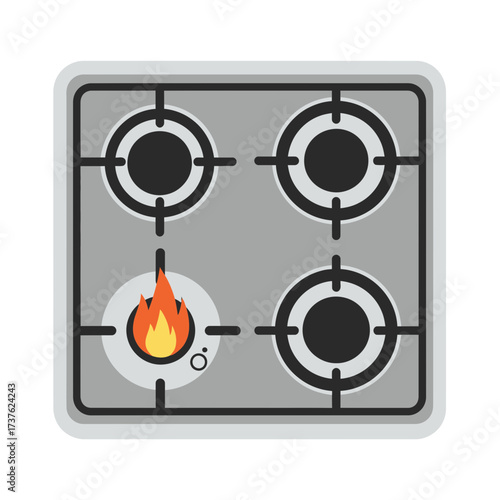 Gas stove top with one burner lit, illustration.