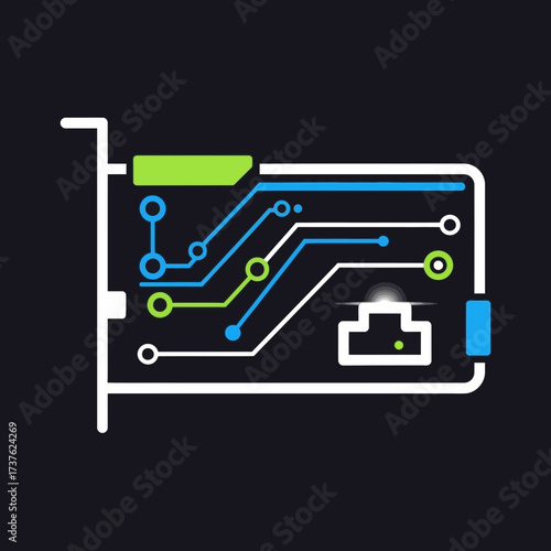 Stylized illustration of a network card with circuit lines on a dark background.
