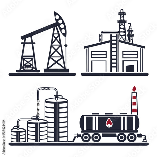 Collection of stylized black and white vector illustrations depicting oil and gas industry infrastructure and operations