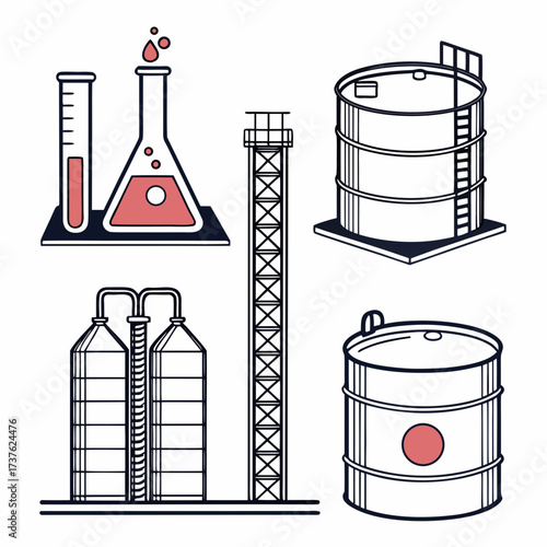 Collection of industrial and laboratory elements including chemical flasks storage tanks silos and a tall tower structure