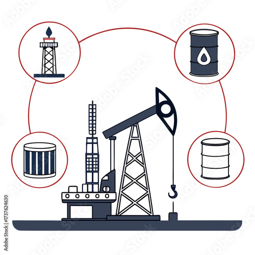Illustration of an oil rig and pumpjack connected to barrels and a flare stack representing the oil and gas industry