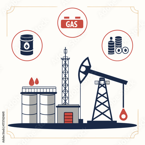Illustration of oil and gas industry elements including a pumpjack storage tanks and icons for fuel barrels and money