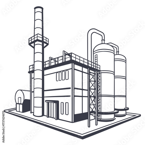 Industrial factory building with tall smokestack and large storage tanks in a clean line art illustration style